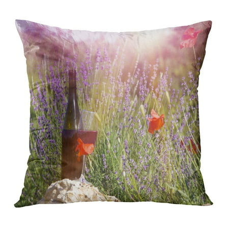 Sunset Over Glass (ECCOT Red Wine Bottle and Glass Ground of Against Lavender Landscape Sunset Over Summer Field in Provence Pillowcase Pillow Cover Cushion Case 20x20)