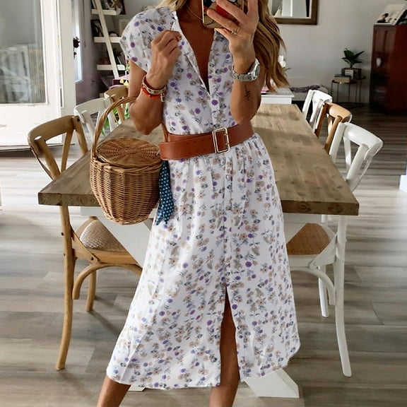 Womens Dresses Summer Women's New Holiday Floral Print Loose Casual Short-Sleeved Dress clothes under $10.00