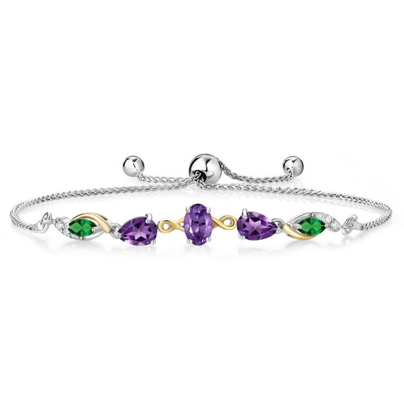 Gem Stone King 925 Silver and 10K Yellow Gold Purple Amethyst and Green Nano Emerald and Lab Grown Diamond Tennis Bracelet for Women By Keren Hanan (1.61 cttw, Adjustable up To 9 inch)
