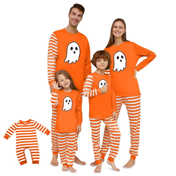 Onlypjs Matching Family Halloween Pajamas 2 Piece Set Orange Striped Ghost Graphic Print Loungewear Sleepwear Sets for Adults Women Men Couples