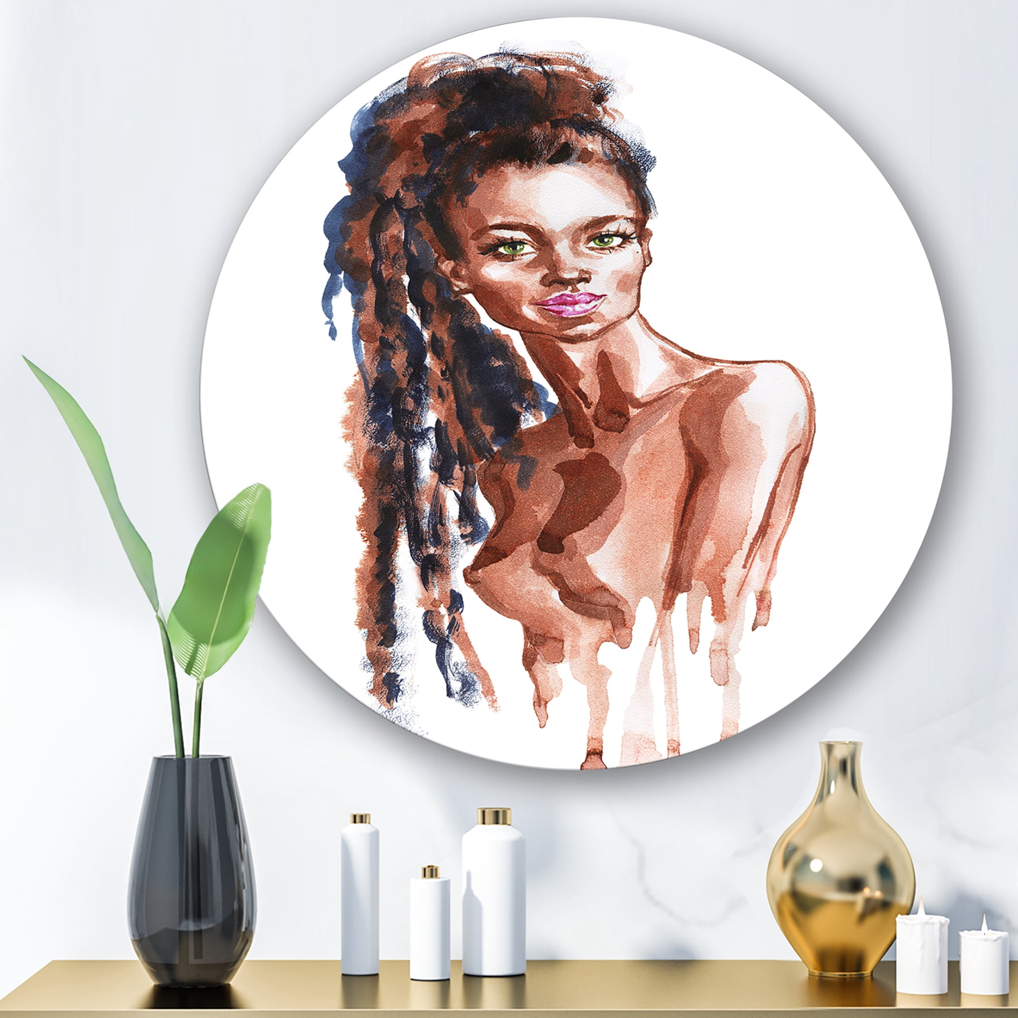 Designart 'Portrait of Afro American Woman VIII' Modern Circle Metal Wall Art 11x11 - Disc of 11