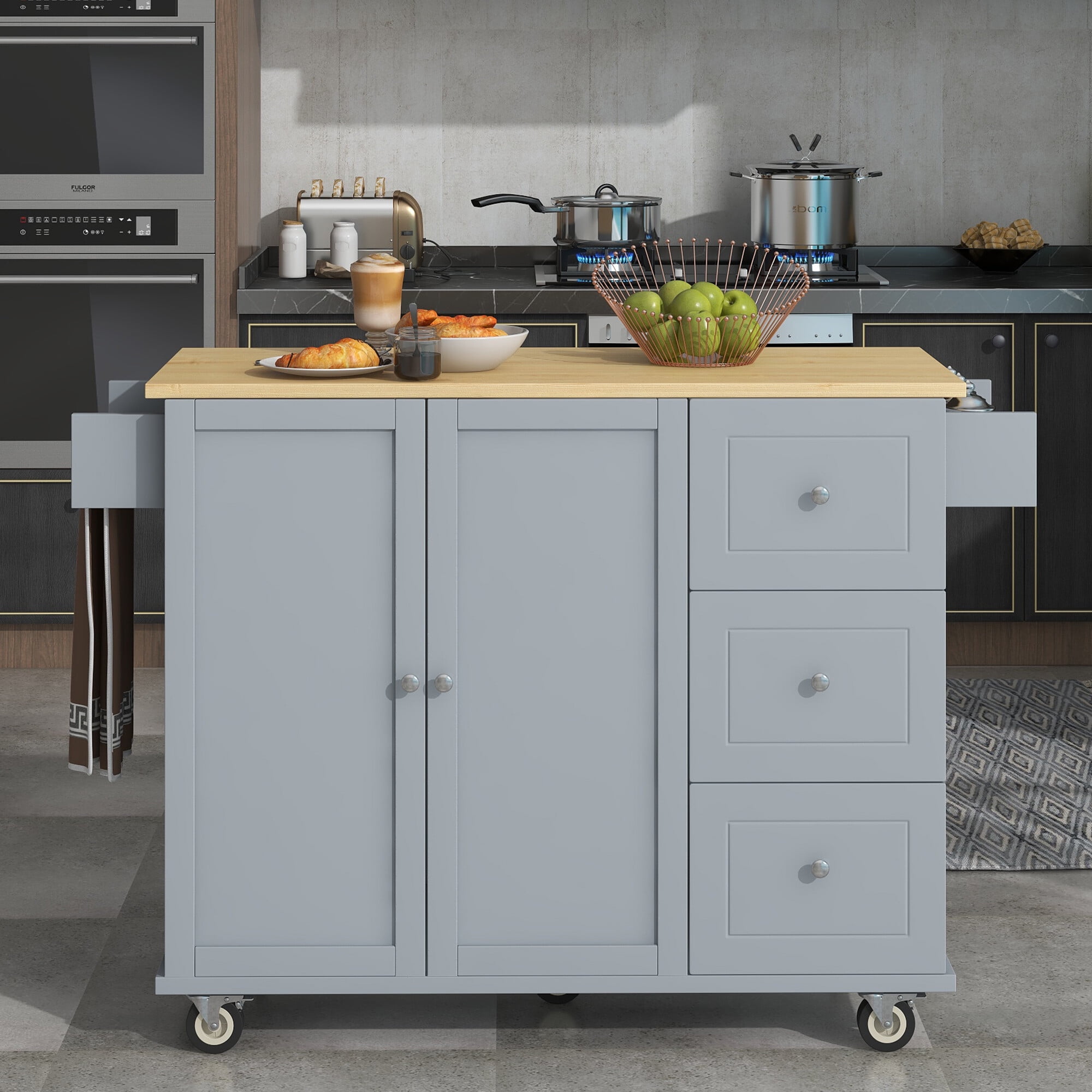 Kitchen Center Island on Lockable Wheels, Dusty Blue Kitchen Cart Kitchen Island with Storage, Butcher Block Island with Drawer and Cabinet