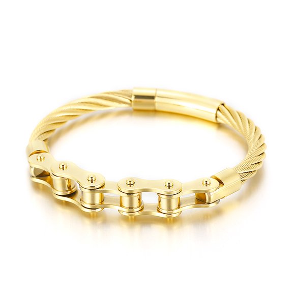14K Yellow Gold  Men's Bracelet Golden Color Handmade Braided Bicycle Motorcycle Chain Bracelets Male Hand Armband For Men