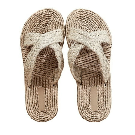 

1 Pair Imitation Straw Slippers Women Beach Shoes Seaside Flat Slippers