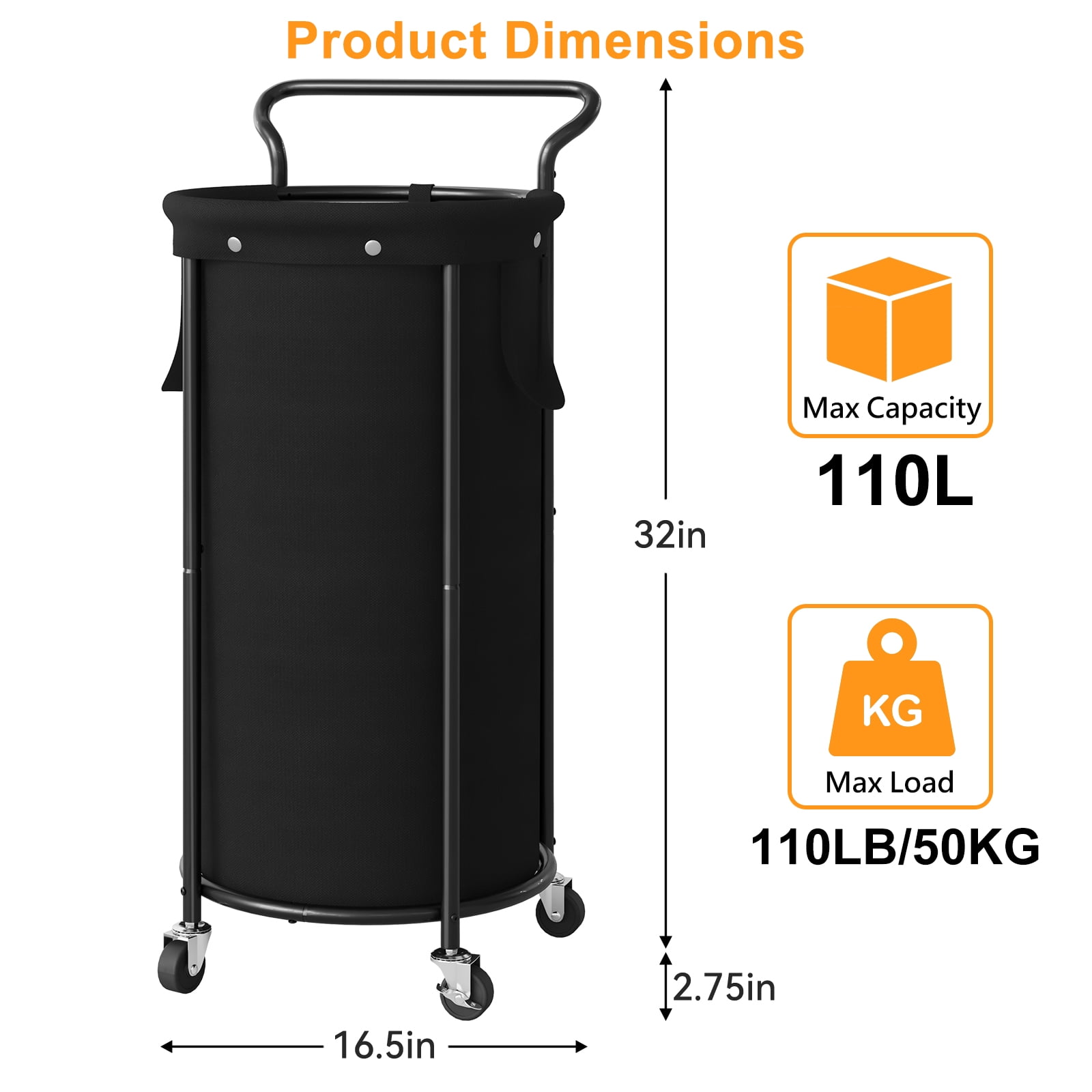 BGTREND 110L Rolling Laundry Hamper with Removable Bag, Round Steel Frame and Handle, Black