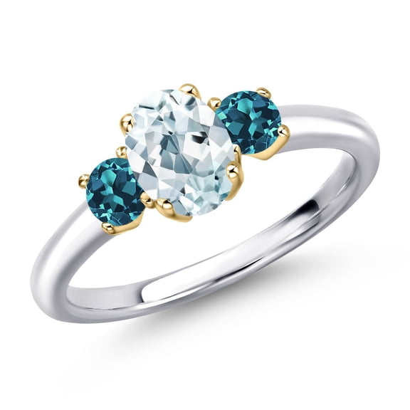 Gem Stone King 925 Silver and 10K Yellow Gold Sky Blue Aquamarine and London Blue Topaz Engagement Ring for Women | 1.19 Cttw | Oval 7X5MM | Gemstone March Birthstone | Size 9
