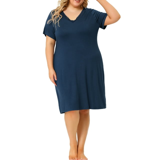 GRACE & GRANDEUR Nuisettes pour Femmes Grande Taille en Dentelle à Col en V à Manches Courtes Pyjama Tenue de Nuit Robe 4X Bleu Foncé