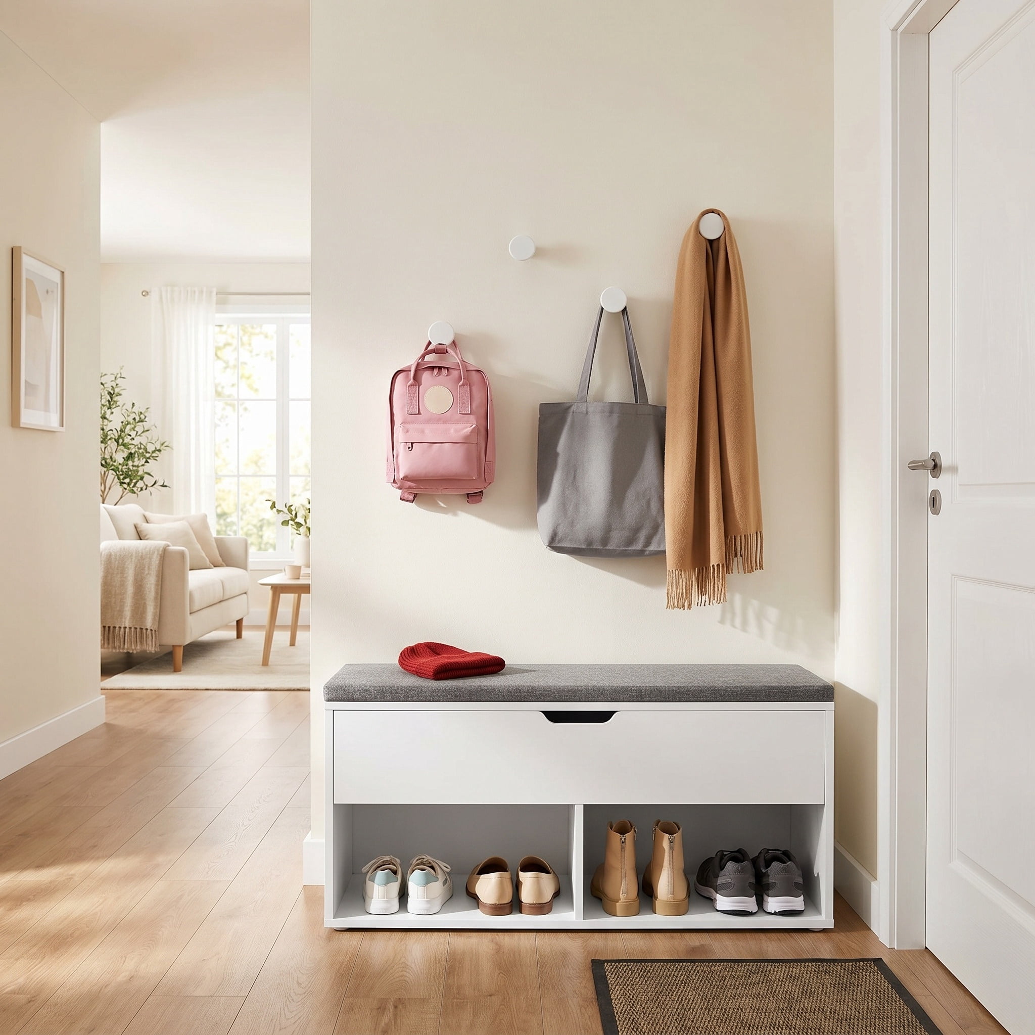 Nordic Hygge White Shoe Storage Bench with Gray Padded Seat and Hidden Compartment