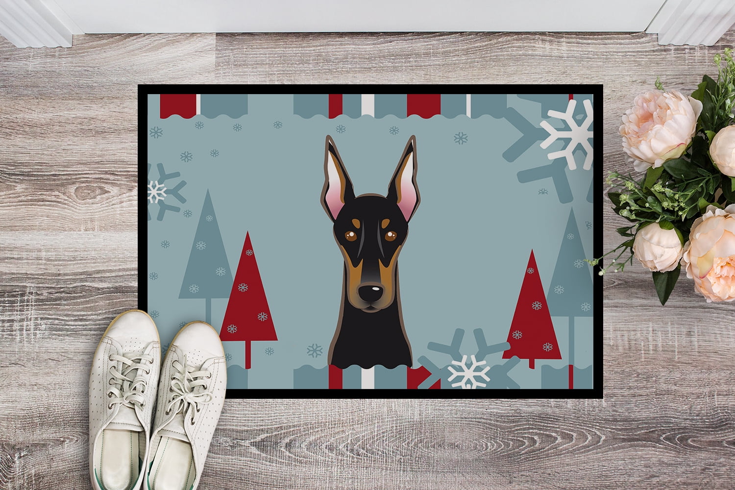 Winter Holiday Doberman Door Mat