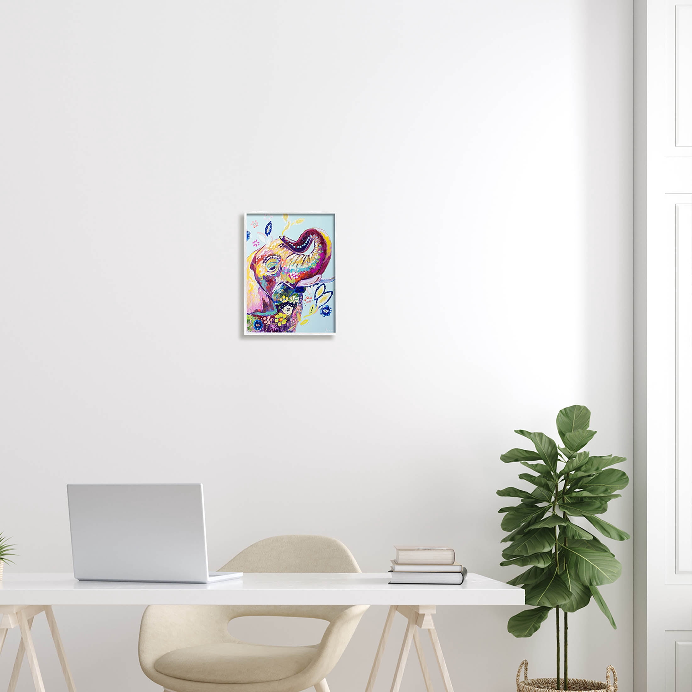 Floral Pattern Fun Elephant Animals & Insects Painting White Framed Art Print Wall Art