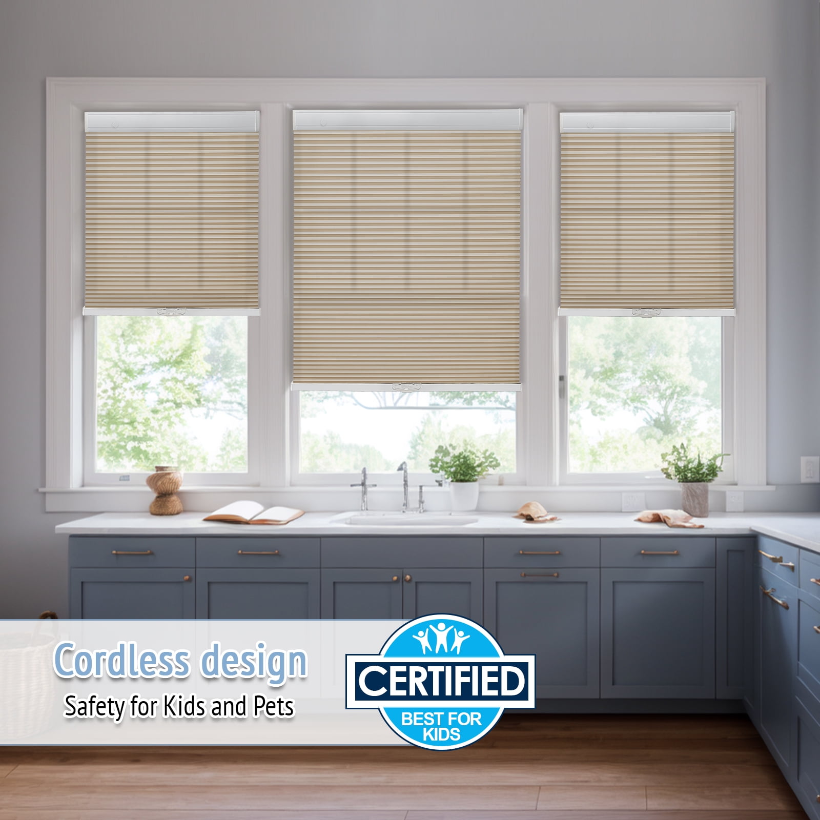 Keego New Upgraded No Drill Cordless Cellular Shades Light Filtering Honeycomb Blinds Easy Installation Heat Insulating Noise Reducing Window Shades, Light Filtering - Sand, 40"W x 48"H