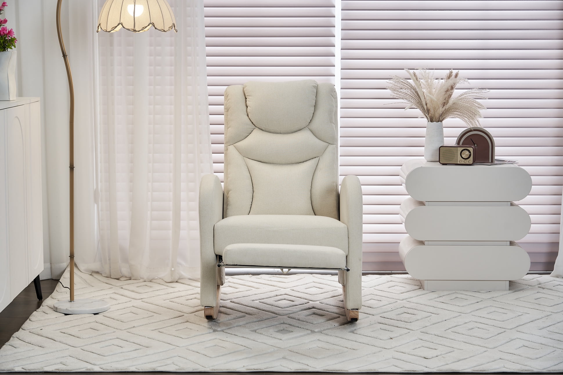 Rocking Chair Nursery, Nursery Rocking Chairs with Adjustable Footrest & Side Pocket, Comfy Rocking Chairs in Teddy Fabric, Reading Arm Glider Chair for Bedroom, Living Room, Office, Beige