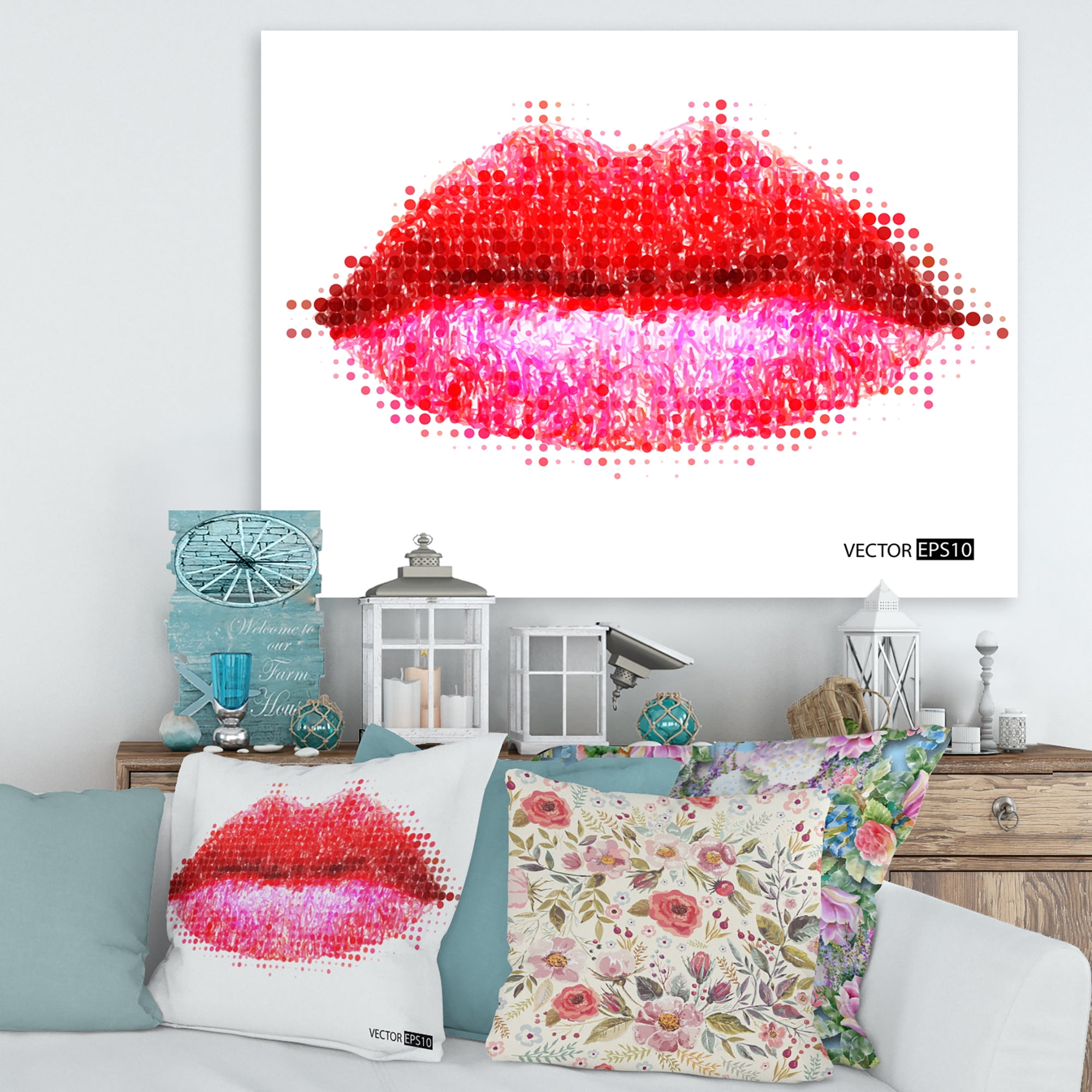 Designart ' Abstract Red Woman Lips in Pixels ' Modern Canvas Wall Art Print
