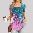 thumbnail image 2 of Women Square Neck Short Sleeve Long Flowy Tunic Top Floral Shirt Pleated Dressy Blouses Curved Hem Summer Casual Tee, 2 of 5