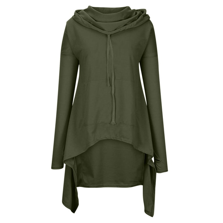 Womens Retro Long Hoodie Asymmetrical High Low Hem Full Sleeve Cowl Hooded Neck Drawstring Loose Sweatshirt Outwear XX Large Army Green