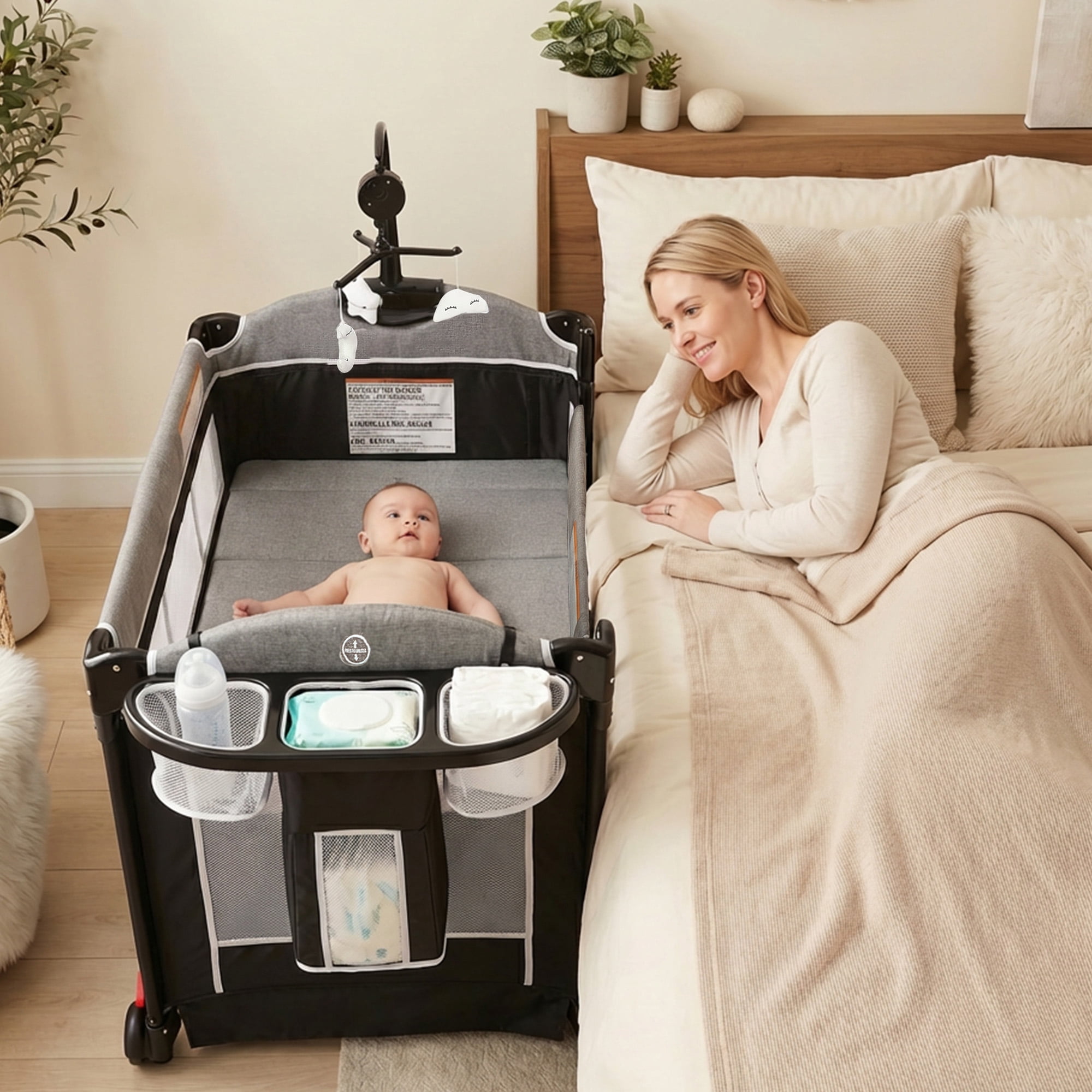 LINLUX Foldable Baby Bedside Crib Bassinet, Infant Pack and Play Playard, Newborn Playpen Changing Table,Dark Gray