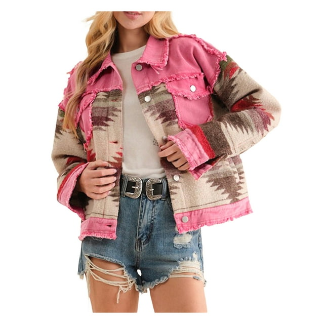 xiaxaixu Women Denim Jacket, Long Sleeve Turn-down Collar Button Closure Patchwork Fall Jacket Streetwear
