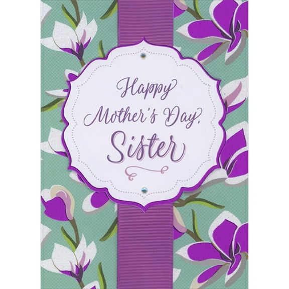 Designer Greetings Purple Foil Bordered 3D Tip-On Banner, Wide Purple Ribbon, Flowers on Turquoise Hand Decorated Mother's Day Card for Sister
