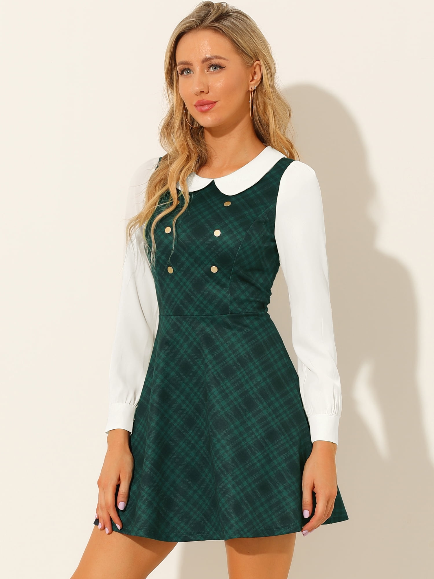 DARING DIVA Women's Plaid Peter Pan Collar Mini A-Line Dress XS Green