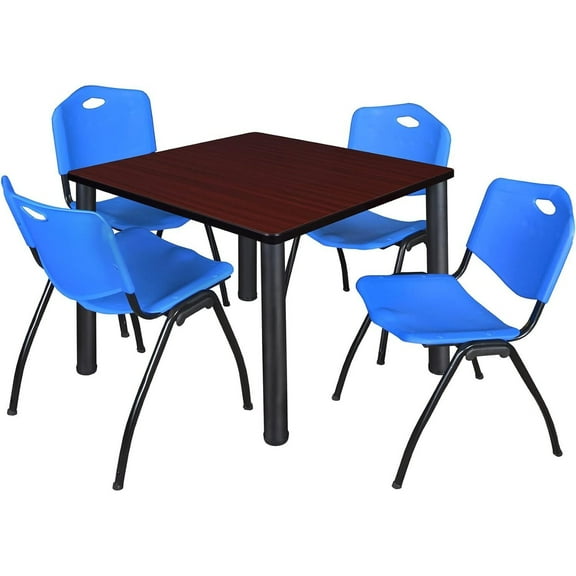 Homestock Eclectic Elegance 36" Square Lounge Table Mahogany/ Black With 4 'M' Nesting Chairs, Blue - Ergonomic Breakroom Furniture Set For Staff Break Room, Tables & Chair, Breakroom Set