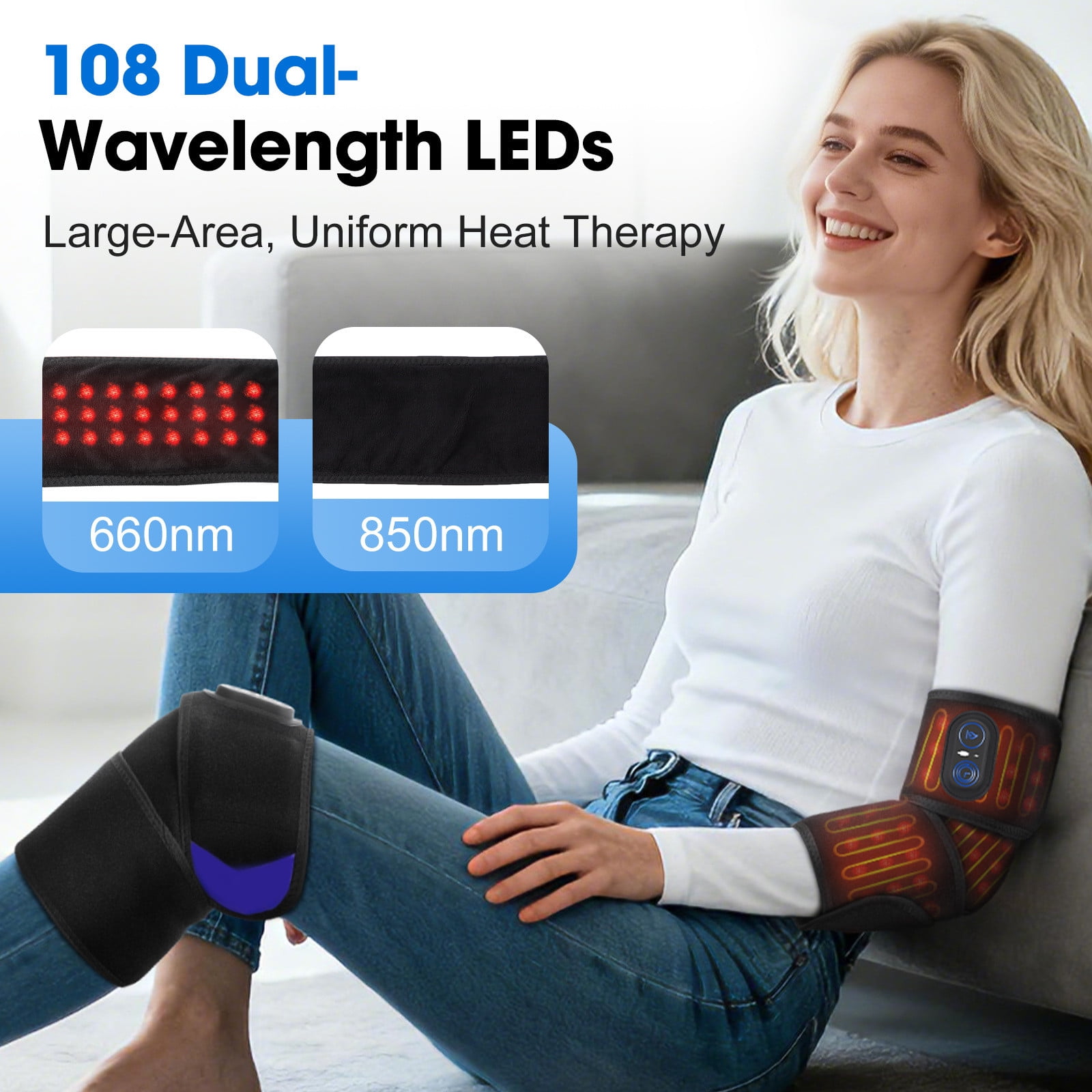 Red Light Therapy Heating Strap with 108 LEDs, Phototherapy Vibration Massage Band for Wrist, Arm & Neck, 3 Heat & Timer Settings, Rechargeable