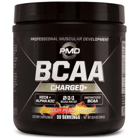 PMD Sports BCAA Charged Delicious Amino Acid Drink Mix for Performance and Recovery - Increase Muscle Function for Workout and Daily Energy - Sour Peach Ring (30 Servings)