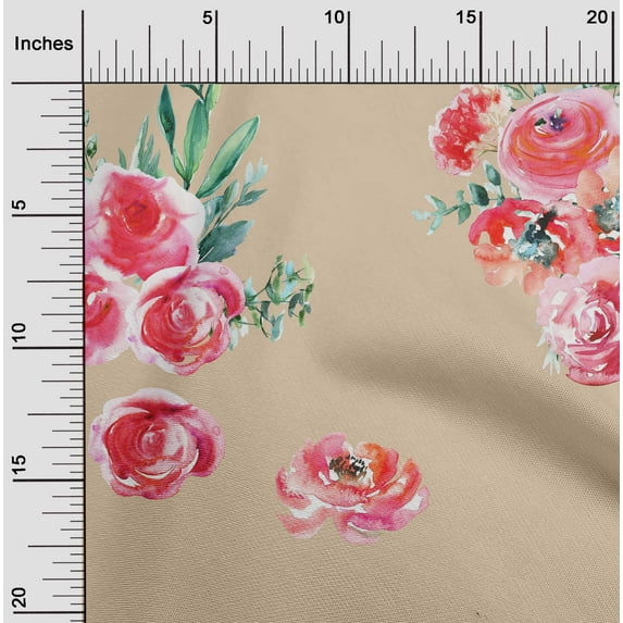 oneOone Polyester Lycra Fabric Leaves & Peach Floral Watercolor Print Fabric BTY 56 Inch Wide