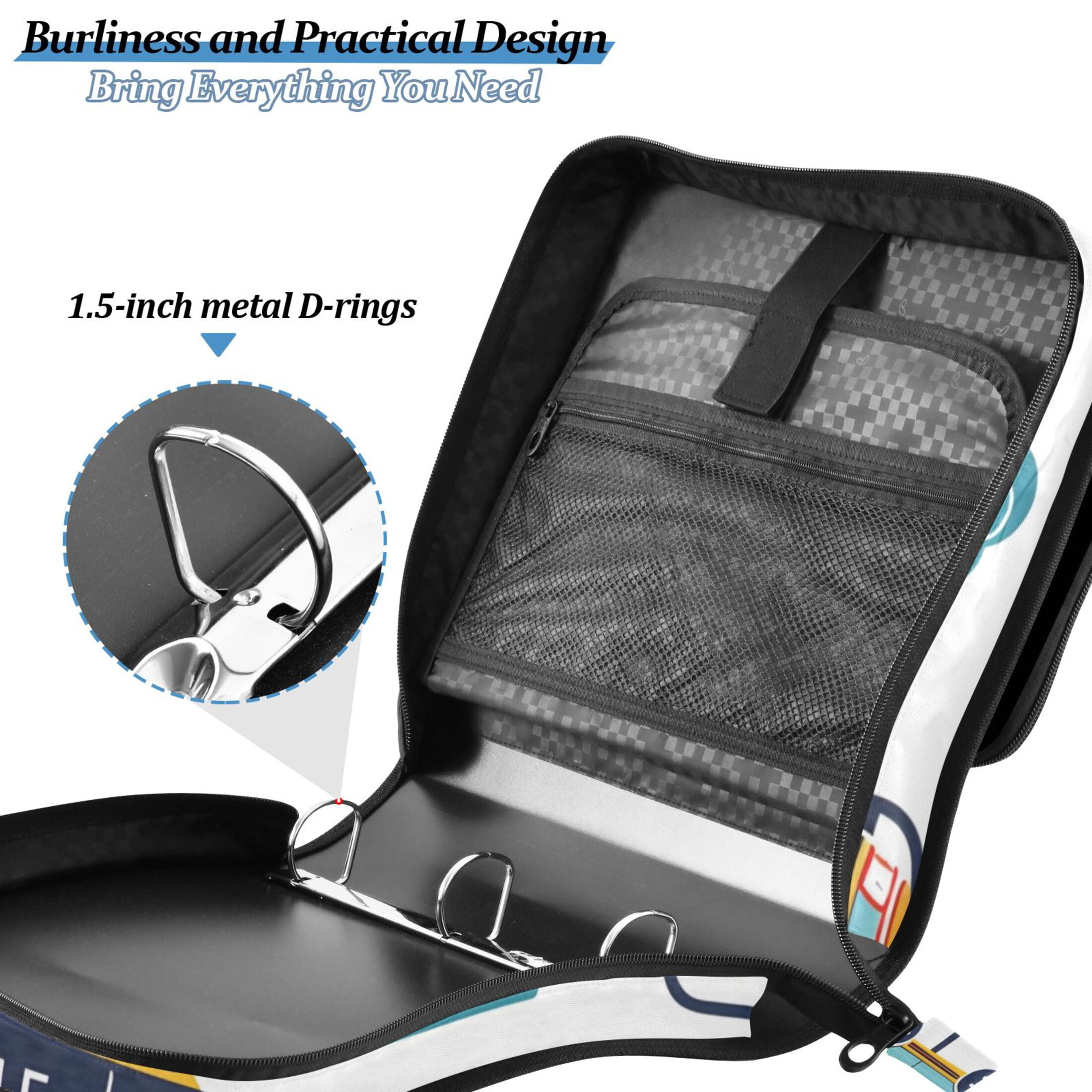 3 Ring Zipper Binder with Shoulder Strap Waterproof Trapper Keeper 2 Inch D-Ring 500 Sheets Capacity Hand Drawn Car Helicopter