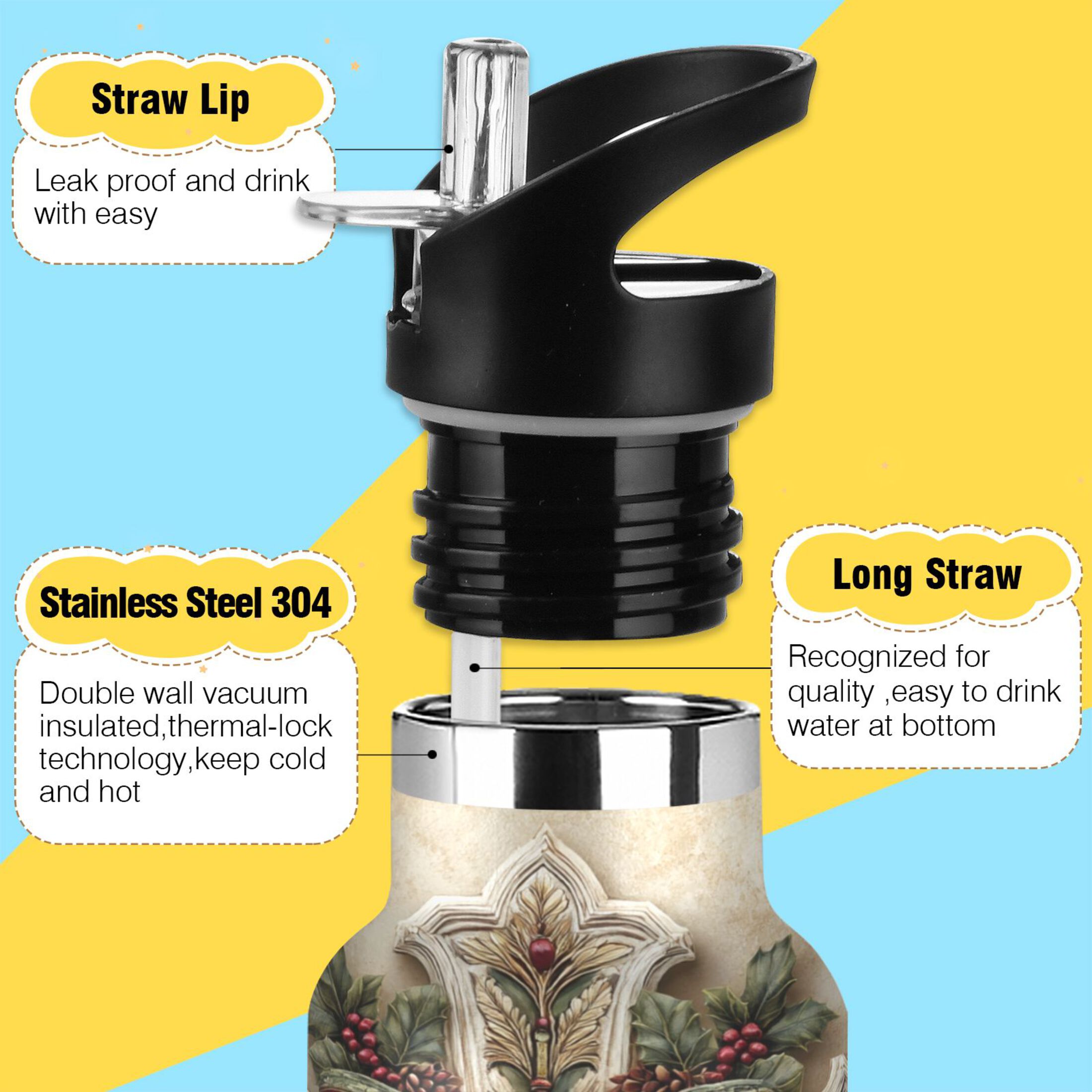 600ML Stainless Steel Insulated Cup Sports Water Bottle Portable Thermos Cup Water Glasses Insulated Tumblers Convenient and Durable Beautiful Christmas Cross