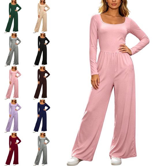 MLCDZ Long Sleeve Jumpsuit for Women Fall Casual Lightweight One Piece Square Neck Wide Leg Pants Workout Gym Golf Romper With Pockets
