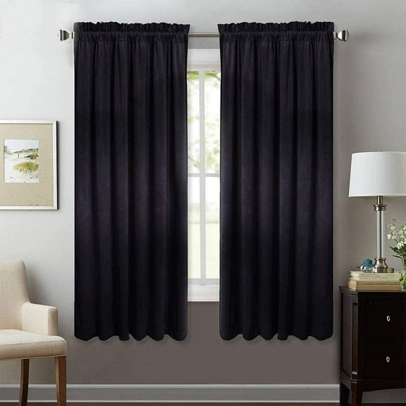 StangH Velvet Curtains 63 inch Length - Rod Pocket Blackout Super Soft Thick Energy Smart Drapes Insulating Summer Hot & Winter Chill for Kitchen/Office Blinds, Black, W52 x L63 inches, 2 Pcs