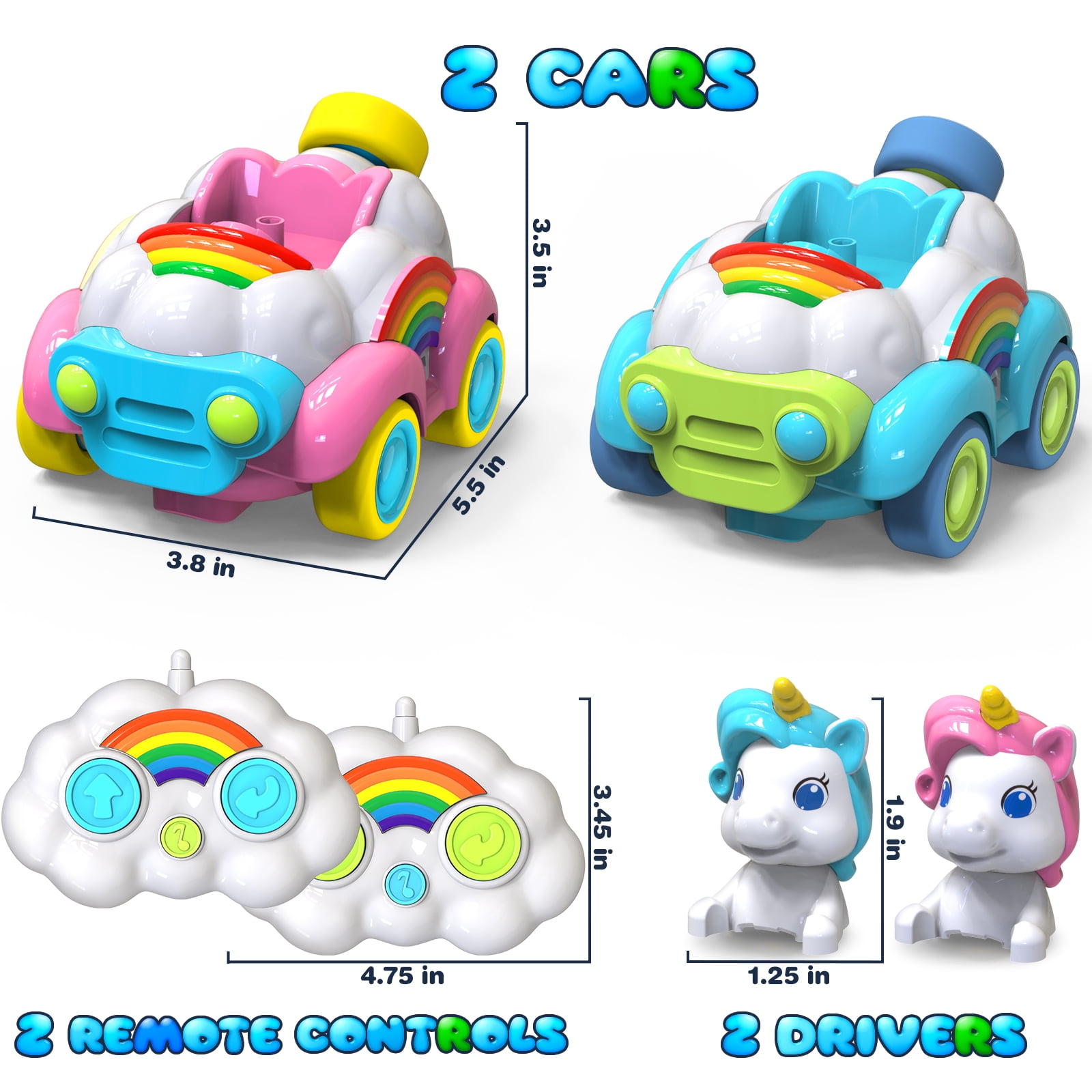 Beefunni Unicorn Toys for Girls Age 3-6, 2 Pack Remote Control Car for Tollders, RC Cars with LED Lights, Music & Sound, Christmas Birthday Gift for Kids (Pink and Blue)