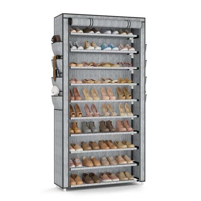 Zapatera alta con cubierta, organizador de zapatos de 10 niveles para 50-55 pares de zapatos y botas, estante de zapatos de gran capacidad con 8 bolsillos para clóset, entrada, cochera