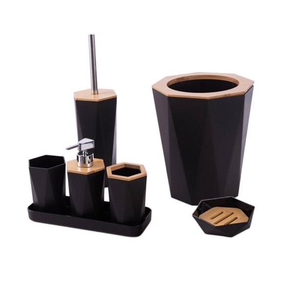 Bathroom Accessories Set/ Housewarming Gift/ Toilet Brush Toothbrush Cup Vanity Tray Bath Accessory Complete Set/ 7 Pieces Set for Household Black