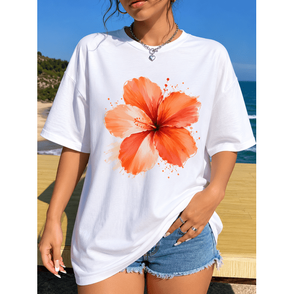 Women's Hibiscus Flower Graphic T-Shirt Casual Oversized Crew Neck Short Sleeve Summer Beach Tee Black