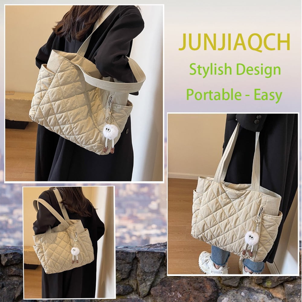 Travel Totes，Puffer Work Tote Bag for Women, Quilted Puffy Bag with compartments (Beige)