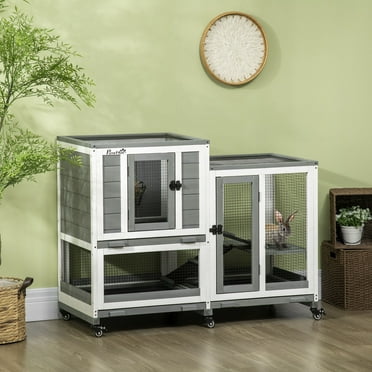 PawHut Three Story Wooden Rabbit Cage Bunny Hutch, Gray