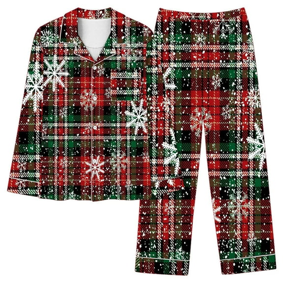 Cavosen Christmas 2 Piece Flannel Pajamas and Elastic Waist Pants Breathable Sleepwear Plaid Printed Warm Pockets Soft