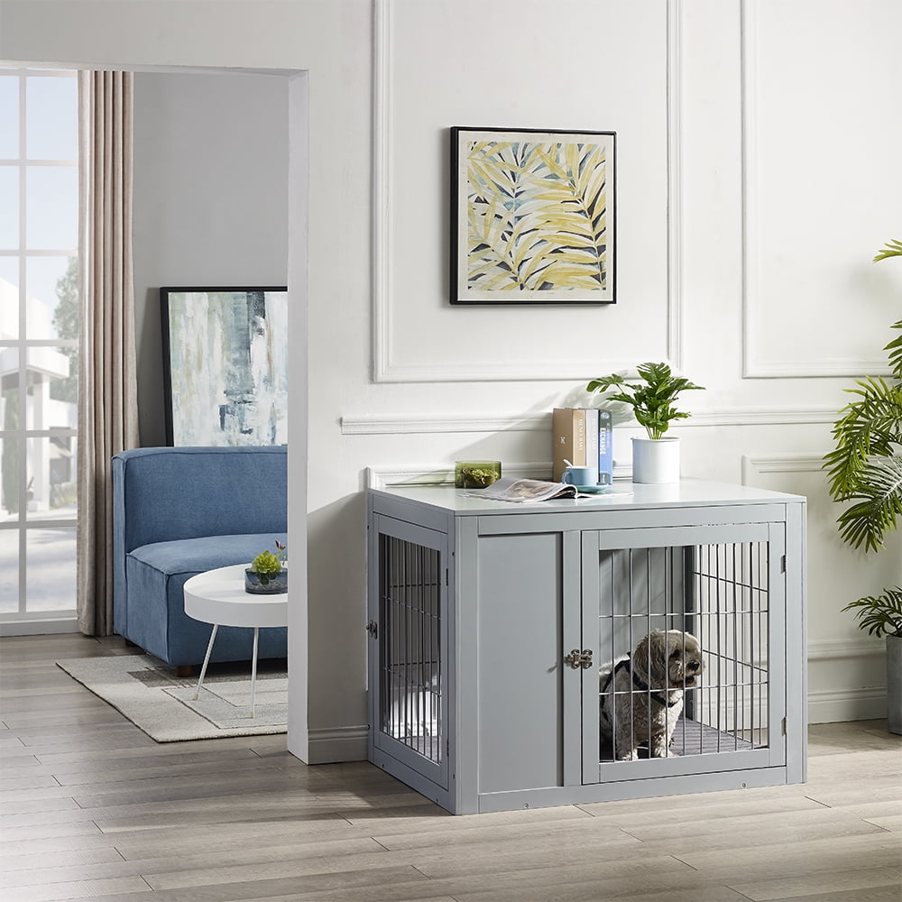 Medium and Large Crate Indoor Use Gray Wooden Wire Pet Kennels with Double Doors Chew-Proof Modern Design Dog House unipaws Dog Crate End Table with Cushion 