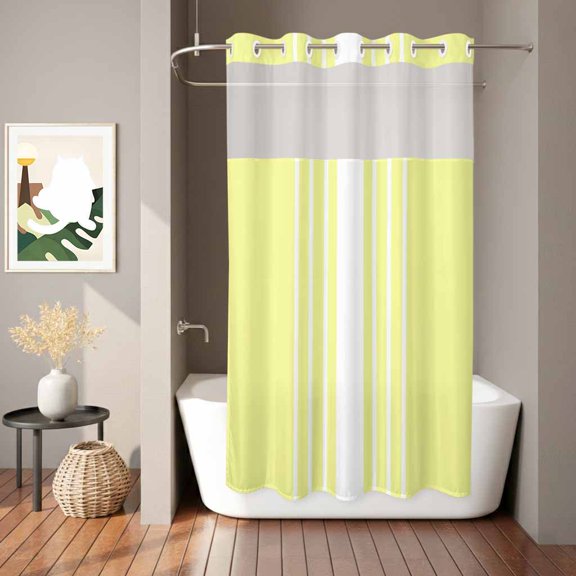 Simple White Striped Shower Curtain, Abstract Modern Yellow Background Waterproof No Hooks Bath Shower Curtain with See Through Top Window for Bathroom Bathtub 36x78in