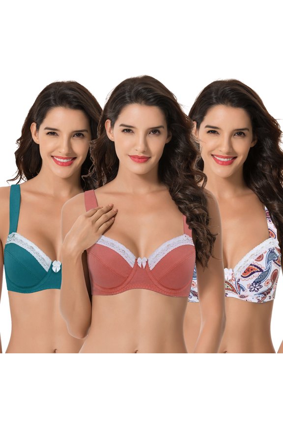 Women's Plus Size Underwired Unlined Balconette Cotton Bra-3Pack-White Print,Teal,Coral-48C