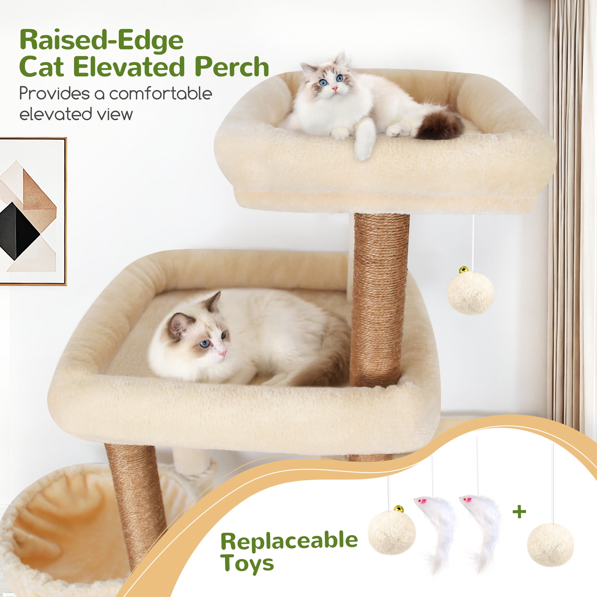 Globlazer Big Cat Tree Tower，85in Multi-Level Tall Cat Tree Tower Indoor for Multiple Adult Cats with Scratching Post, 3 Perches, 3 Condos, 2 Hanging Basket, S85,Beige