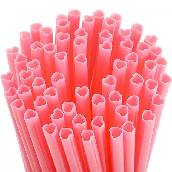 Pink Heart Shaped PP Straws, Individually Wrapped, 100 Count, for Parties & Daily Drinks