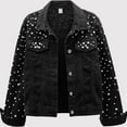 thumbnail image 2 of Women'S Pearl Denim Jacket Cropped Rhinestones Jean Jacket Coat, 2 of 3