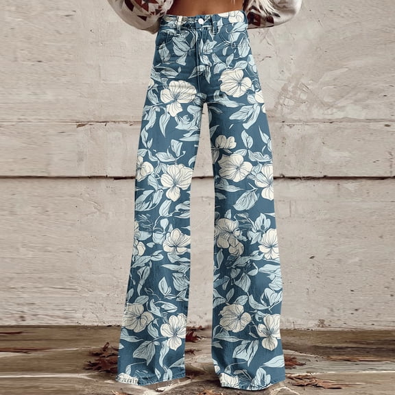 Xdegoge Tropical Floral Wide Leg Pants for Women High Waisted Relaxed Fit Printed Denim Trousers Lightweight Stretchy Flattering Beach Summer Holiday Casual Jeans
