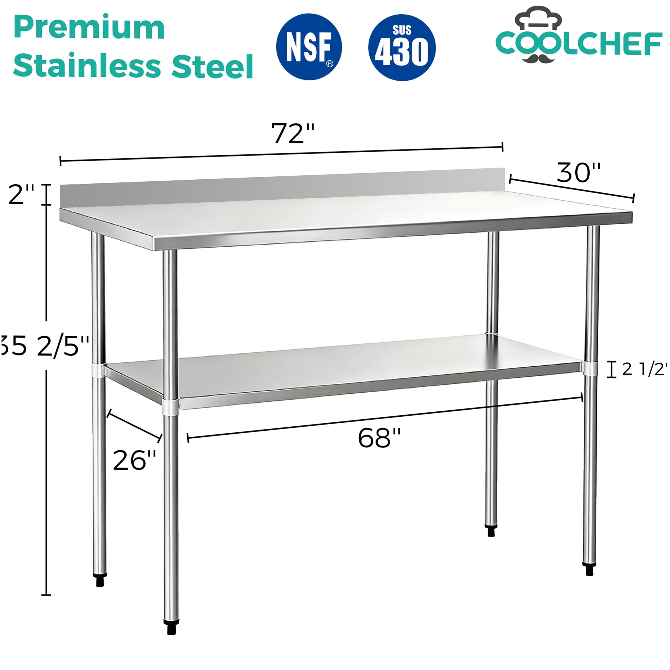 JERFIT 72" NSF Commercial Stainless Steel Prep Table with Undershelf & Backsplash, 18-Gauge Restaurant Kitchen Work Table