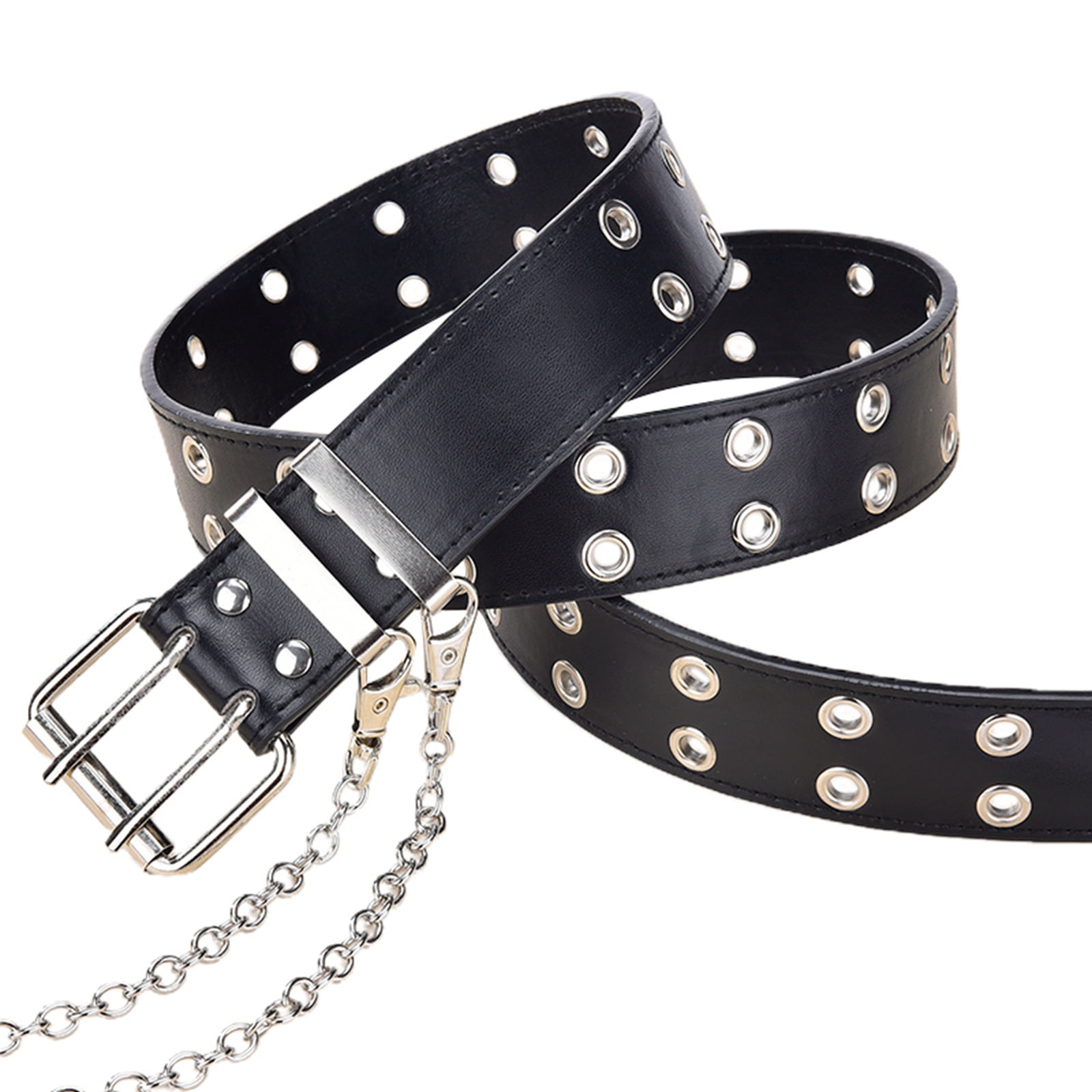 Women Punk Pu Leather Belt with Rivet Studded Double Grommet Holes Waist Chain 