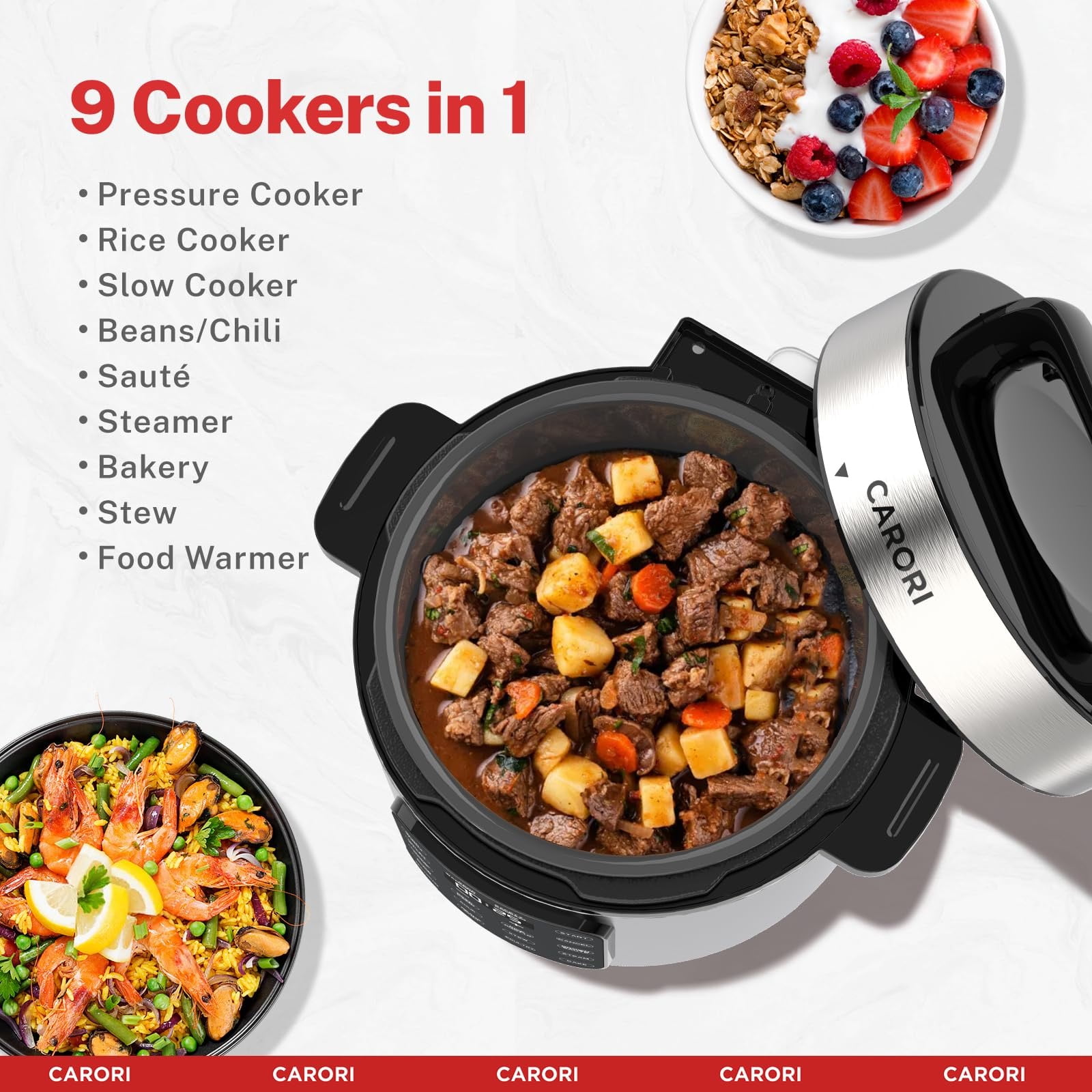 CARORI 9-in-1 Electric Pressure Cooker 6 Qt, Programmable Multi-Function with Safer Vent, Olla de Presion, Rice Cooker, Slow Cooker, Steamer, Sauté, Warmer & Sterilizer, 1000W, Stainless Steel