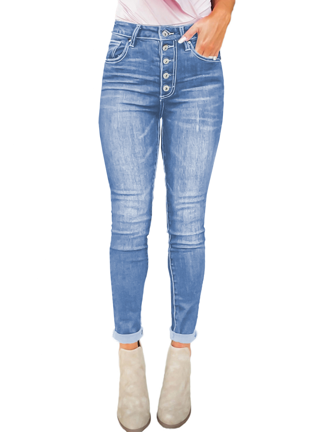 Aleumdr Women Sky Blue Skinny Jeans Buttoned Classic Straight Leg Hight