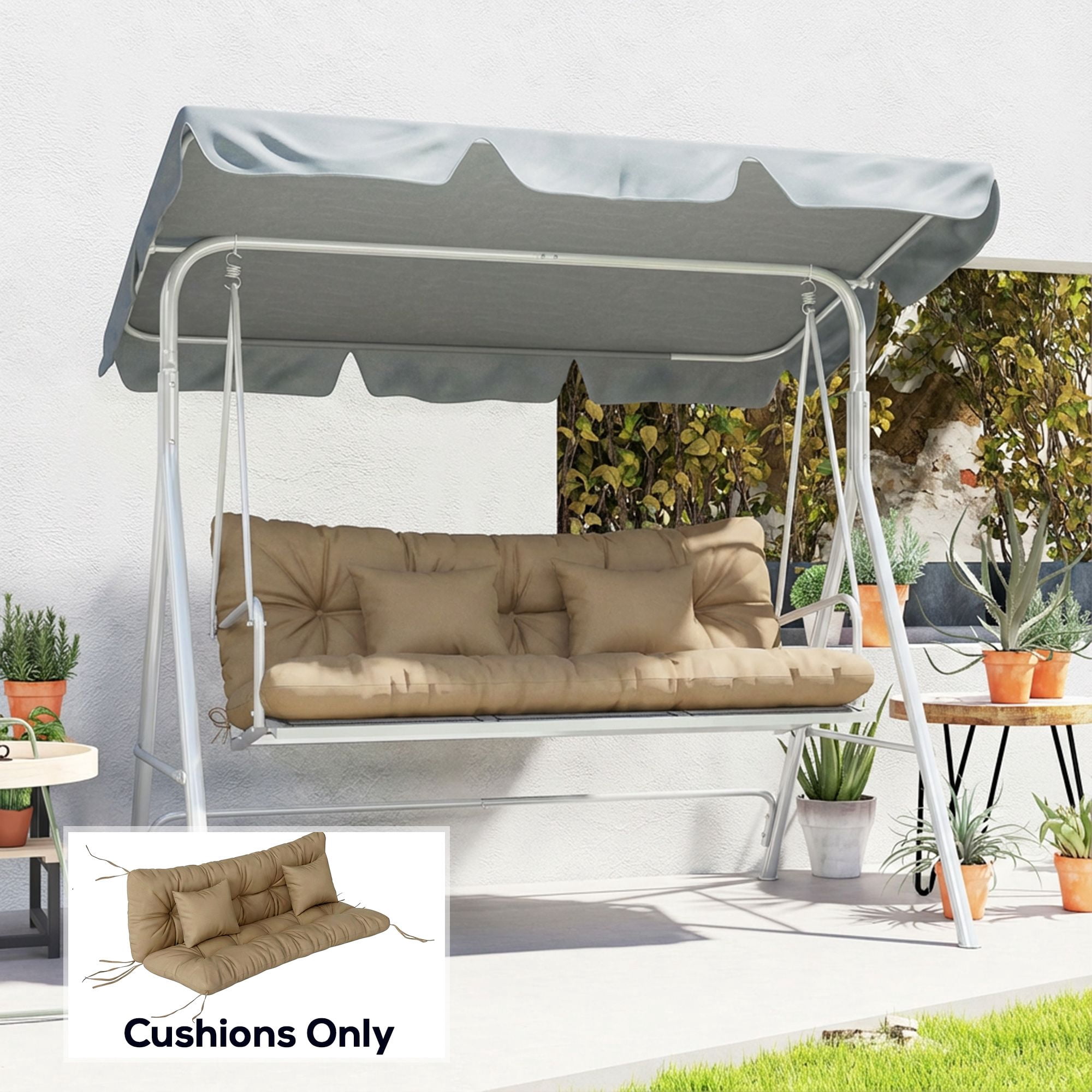 Alvantor Tufted Bench Cushions with Backrest & Throw Pillows, 59" Bench Chair Cushions for Outdoor Furniture, khaki